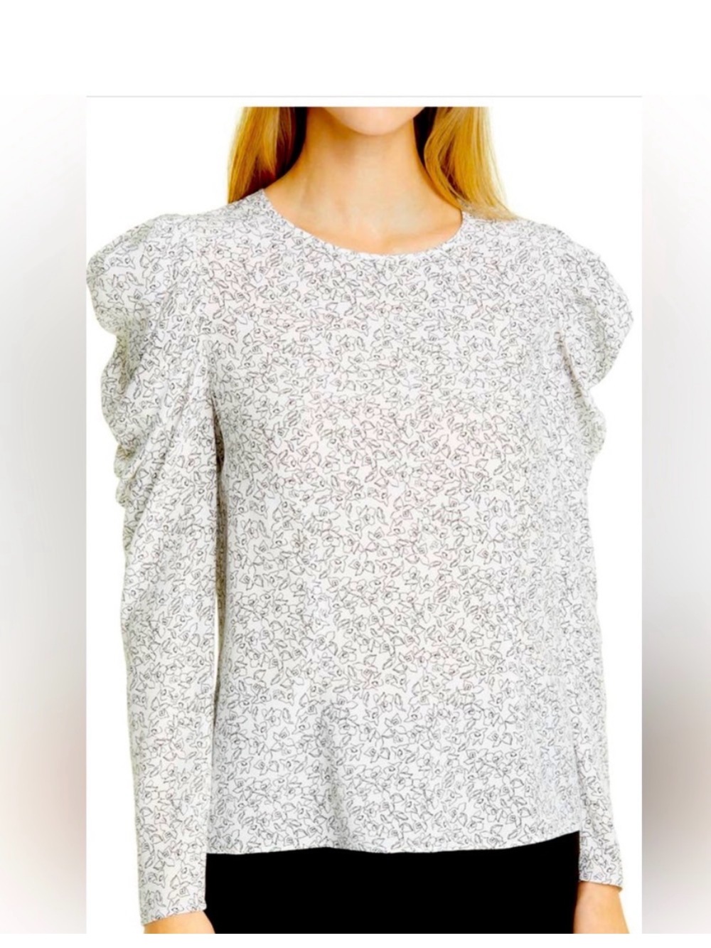 Club Monaco Ruffled Shoulder Floral-Print Long Sleeve Top - White